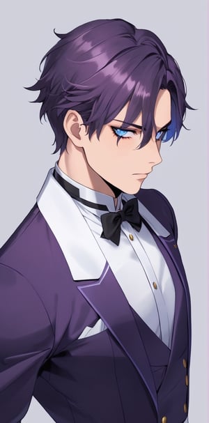 1 man with lethargic sleepy smokey eyes,((slit pupil blue eyes)),(dark purple hair),muscular body,butler uniform