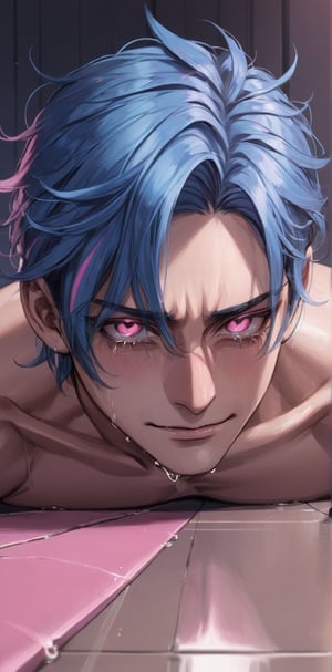 1 man with lethargic sleepy smokey eyes,((slit pupil pink eyes)),(blue hair),muscular body,crying with a smirk,pin down the face against the floor
