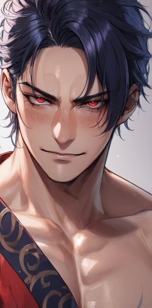 1 man with lethargic sleepy smokey eyes,((slit pupil red eyes)),(dark blue hair),muscular body,kimono,topless, smirk,close up torso, blushing