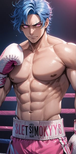 1 man with lethargic sleepy smokey eyes,((slit pupil pink eyes)),(blue hair),muscular body,boxing.smirk