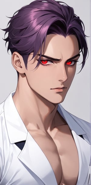 1 man with lethargic sleepy smokey eyes,((slit pupil red eyes)),(dark purple hair),muscular body,doctor uniform
