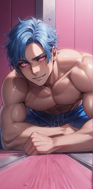 1 man with lethargic sleepy smokey eyes,((slit pupil pink eyes)),(blue hair),muscular body,smirk,pin down against the face against the floor