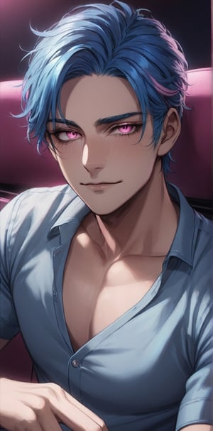 1 man with lethargic sleepy smokey eyes,((slit pupil pink eyes)),(blue hair),fit body,sitting in a dark theatre with a smirk,close up,casual clothe