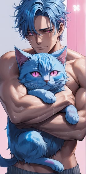 1 man with lethargic sleepy smokey eyes,((slit pupil pink eyes)),(blue hair),muscular body,crying,hugging a blue cat