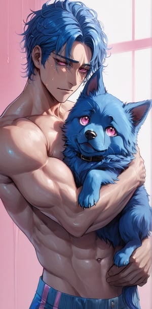 1 man with lethargic sleepy smokey eyes,((slit pupil pink eyes)),(blue hair),muscular body,crying,hugging a blue dog