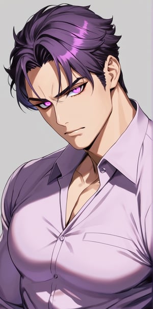 1 man with lethargic sleepy smokey eyes,((slit pupil pink eyes)),(dark purple hair),muscular body,teacher uniform