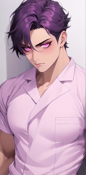 1 man with lethargic sleepy smokey eyes,((slit pupil pink eyes)),(dark purple hair),muscular body,nurse uniform