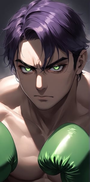 1 man with lethargic sleepy smokey eyes,((slit pupil green eyes)),(dark purple hair),muscular body,boxing