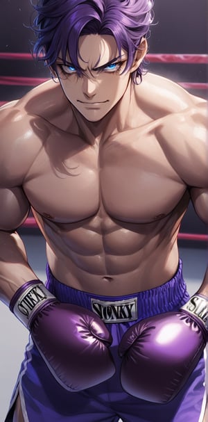 1 man with lethargic sleepy smokey eyes,((slit pupil blue eyes)),(dark purple hair),muscular body,boxing.smirk