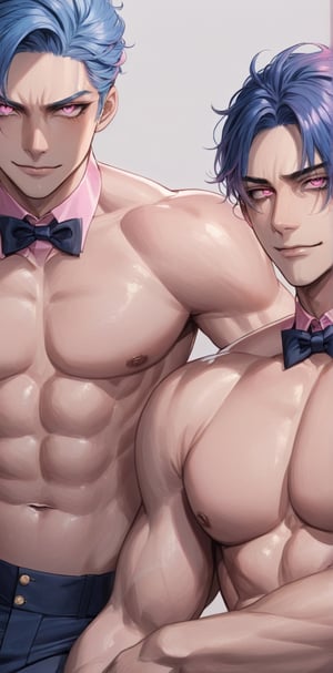 triplet men with lethargic sleepy smokey eyes,((slit pupil pink eyes)),(blue hair),muscular body,smirk,sexy sitting pose,butler uniform with pant,topless,close up.