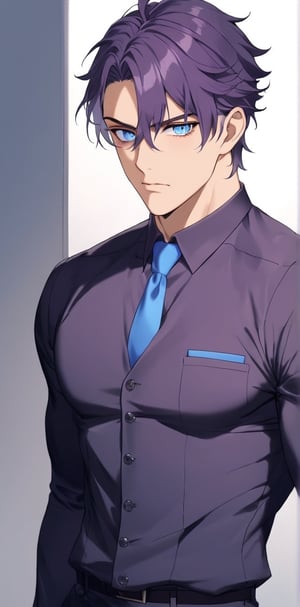 1 man with lethargic sleepy smokey eyes,((slit pupil blue eyes)),(dark purple hair),muscular body,teacher uniform