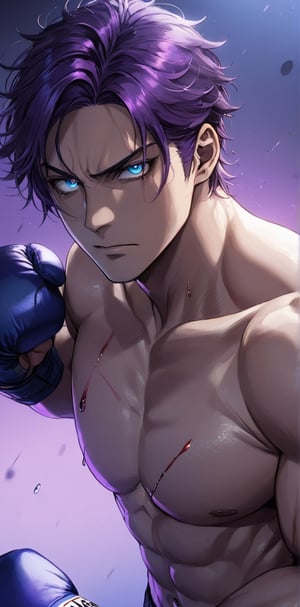 1 man with lethargic sleepy smokey eyes,((slit pupil blue eyes)),(dark purple hair),muscular body,boxing.bleeding
