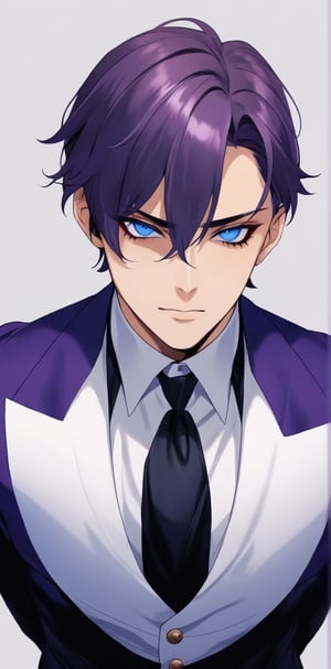 1 man with lethargic sleepy smokey eyes,((slit pupil blue eyes)),(dark purple hair),muscular body,butler uniform,sexy pose