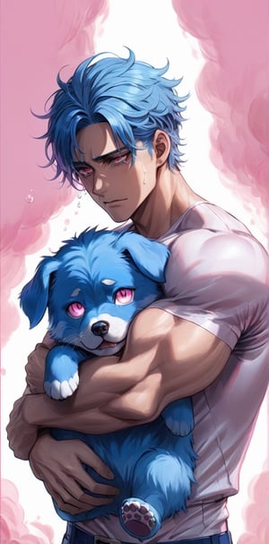 1 man with lethargic sleepy smokey eyes,((slit pupil pink eyes)),(blue hair),muscular body,crying,hugging a blue dog