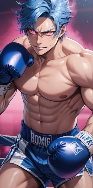 1 man with lethargic sleepy smokey eyes,((slit pupil pink eyes)),(blue hair),muscular body,boxing.smirk
