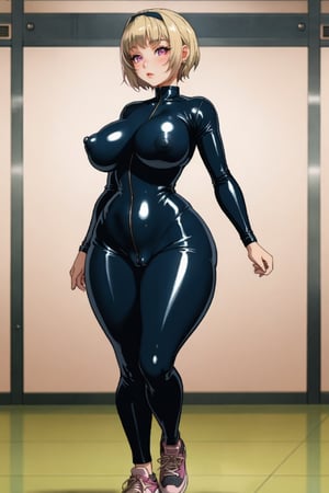 very well-detailed beautiful anime waifu, Vault Girl, wearing tight latex body suit, big breasts, hard breast nipples, blonde short hair, wearing black nike shoes, thick thighs, puffy vagina