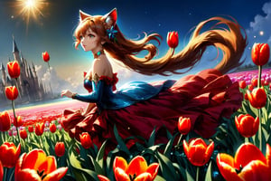 cat ears, (((full medium shot))), (Masterpiece, photorealistic, photorealism, best quality, ultra-detailed:1.3), (nice hands, perfect hands), official art, cinematic light, (1girl:1.3), adult, solo, small breast, hair ornament, cleavage, bare shoulders, jewelry, red hair, earrings, detached sleeves, wide sleeves, lips, strapless, detached collar, strapless dress, (((magic, uses a spell, sparks of light))), highly detailed, sharp focus, beautiful divine holy majestic great celestial balance, shining, delicate, epic, brilliant, rich, stunning, amazing detail, rounded hips, thin waist, long legs, long hair, twintails, sexual pose, young kid face, nude, open mouth, floating on his back in the ocean of tulips