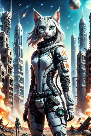 the catgirl astronaut stands in the middle of a deserted field surrounded by cities of the hi-tech bio future, an world of high technology, huge biopunk monsters are running far from the astronaut, burning spheres are lie on ground, night, deep space debris, the ruins of the hi-tech apocalypse, monster, biopunk style, cinematic