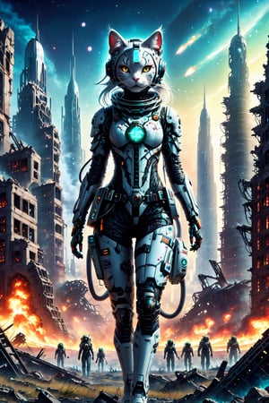 the catgirl astronaut stands in the middle of a deserted field surrounded by cities of the hi-tech bio future, an world of high technology, huge biopunk monsters are running far from the astronaut, burning spheres are lie on ground, night, deep space debris, the ruins of the hi-tech apocalypse, monster, biopunk style, cinematic