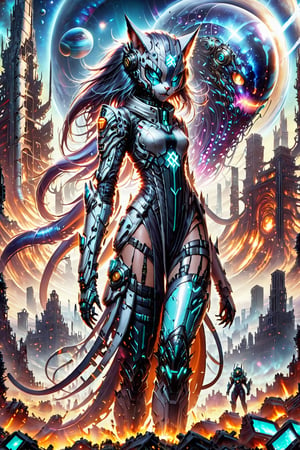 the catgirl astronaut stands in the middle of a deserted field surrounded by cities of the hi-tech bio future, an world of high technology, huge biopunk monsters are running far from the astronaut, burning spheres are lie on ground, night, deep space debris, the ruins of the hi-tech apocalypse, monster, biopunk style, cinematic