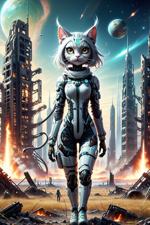 the catgirl astronaut stands in the middle of a deserted field surrounded by cities of the hi-tech bio future, an world of high technology, huge biopunk monsters are running far from the astronaut, burning spheres are lie on ground, night, deep space debris, the ruins of the hi-tech apocalypse, monster, biopunk style, cinematic