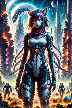 the catgirl astronaut stands in the middle of a deserted field surrounded by cities of the hi-tech bio future, an world of high technology, huge biopunk monsters are running far from the astronaut, burning spheres are lie on ground, night, deep space debris, the ruins of the hi-tech apocalypse, monster, biopunk style, cinematic