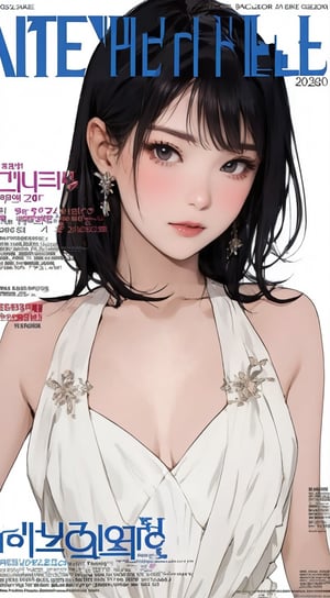 Masterpiece, highest quality, 1 girl, solo, 20 years old, beautiful Korean girl, {beautiful and delicate eyes}, long hair, black hair, (flat bangs), big breasts, calm expression, natural soft light, exquisite facial features, seductive face, smiling eyes, open lips, looking at the viewer, normal body structure, correct proportions, perfect hands, hair past the waist, sexy model pose, seductive body shape, out Sweaty skin, film grain, cleavage exposed, realistic, sailor collar, white high socks, high swimsuit pool, garden background, (fashion magazine cover: 1.5),hamabe,luxurious wedding dress,Mitan