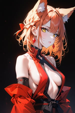 masterpiece, best quality, aesthetic, 4K, high resolution, 

1girl, adult, perfect anatomy, fox girl, fox ears, small breasts, red straight hair, braid hair, yellow eyes, slit pupils, 

parted lips, gorgeous lips,

red and black kimono, open shirt, gem earrings, detached sleeves, silk, sideboob, cleavage, cutout boobs, bare shoulders, bare legs,

looking at viewer, upper body, portrait, 

simple background, black background,