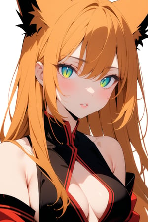 masterpiece, best quality, aesthetic, 4K, high resolution, flat color,

1girl, adult, perfect anatomy, fox girl, fox ears, small breasts, amber orange hair, straight hair, cyan eyes, slit pupils, 

parted lips, gorgeous lips,

red and black kimono, open shirt, detached sleeves, silk, sideboob, cleavage, cutout boobs, bare shoulders, bare legs,

looking at viewer, portrait,

simple background, white background,