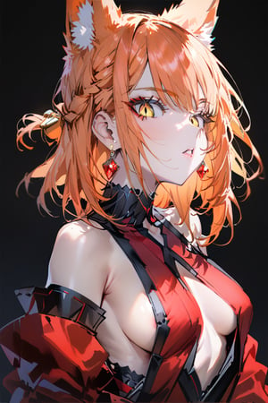 masterpiece, best quality, aesthetic, 4K, high resolution, 

1girl, adult, perfect anatomy, fox girl, fox ears, small breasts, red straight hair, braid hair, yellow eyes, slit pupils, 

parted lips, gorgeous lips,

red and black kimono, open shirt, gem earrings, detached sleeves, silk, sideboob, cleavage, cutout boobs, bare shoulders, bare legs,

looking at viewer, upper body, portrait, 

simple background, black background,