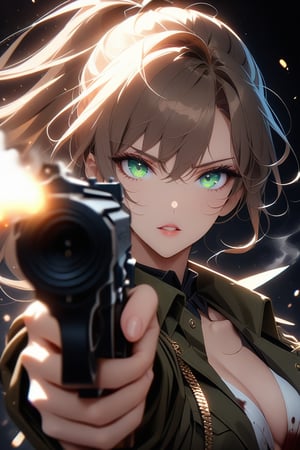 masterpiece, best quality, aesthetic, 4K, high resolution, flat colors, 

1girl, adult, perfect anatomy, chesnut hair, green eyes, small breasts, ponytail,

parted lips, gorgeous lips,

green kaki military clothes, cigarette, sunglasses, blood on clothes, gun, holding gun, 

aiming at viewer, firing shot, shooting, she is smoking,

looking at viewer, portrait,

simple background, black background,