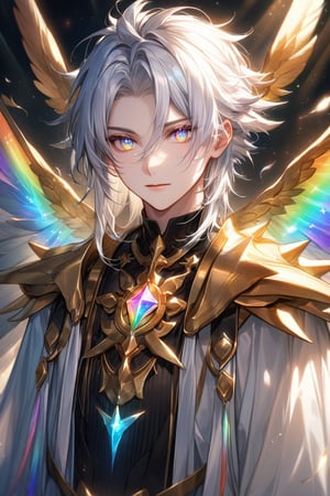 A majestic portrait of a boy, deified as the god of stars. He sits confidently, his silver hair styled in a short, spiky fashion, framing his radiant face. His rainbow-irised eyes gleam with otherworldly wisdom, while bronze wings sprout from his back, their feathery tips glinting softly in the ethereal light that surrounds him.