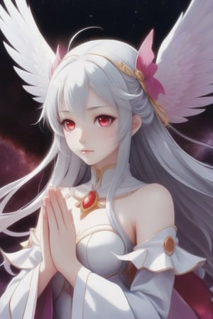 Magical girl with silver hair, red eyes, gray wings praying at sky anime style

Subject: Magical girl with silver hair, red eyes, gray wings

[2] A mesmerizing magical girl with flowing silver hair that shimmers in the sunlight, her piercing red eyes radiating determination and power. Her gray wings extend gracefully from her back, adding an aura of mystique to her presence.
[3] The vast expanse of the sky serves as a canvas for her prayers, painted with hues of purples and pinks, creating a breathtaking backdrop for her magical abilities.
[4] The atmosphere is filled with a mix of anticipation and serenity, as if the very air holds its breath in admiration of her connection to the celestial realm.
[5] Anime-style illustrations capture the dynamic movement and intricate details of her magical girl transformation, emphasizing the vibrant colors and ethereal glow surrounding her.
[6] CLAMP, Naoko Takeuchi, Studio Ghibli, Makoto Shinkai, Magic Knight Rayearth, Puella Magi Madoka Magica —c 10 —ar 2:3,shalltear bloodfallen \(overlord\)