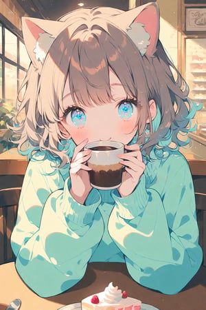 1girl, cat ears, cute, sweater, sitting, brown hair, blue eyes, sparkly eyes, fluffy hair, in a cute cafe, looking at viewer, happy, drinking coffee, indoors, there is cake on the table, pastel colors, dreamlike, 