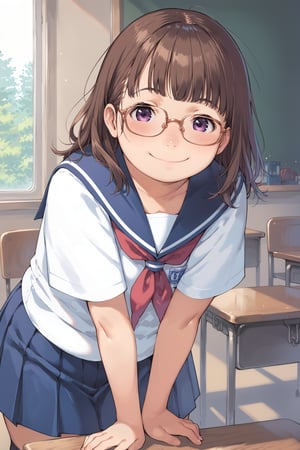 score_9, score_8_up, score_7_up, source_anime, 1girl, solo, alone,  brown hair, long messy hair ,sailor uniform, cute chubby face, chubby, glasses, nerdy, shaggy bangs, blue pleated skirt, standing, leaning forward,  looking  at viewer, intense loving gaze, slight smile, classroom, indoors, golden hour, face focus, romantic mood