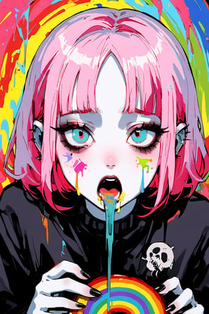 1 girl, pale skin, black and pink hair, sickly complexion,  she is vomiting  rainbow puke, open mouth, vomit,  abstract, barfing, background, pop art style, Ground Mine,  emo, menhera kei, gothic vibes 