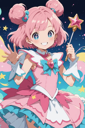 score_9_up, score_8_up, score_7_up, score_6_up, 1girl, magical girl, pink hair, blue eyes, petite, magical girl dress, holding wand, magic, colorful abstract background, happy, smiling, cute, magical girl pose, magical particles, sparkling eyes, beautiful expressive eyes,c0l0urc0r3, bright colours,anime screencap,score_anime, candy