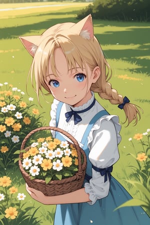 score_9,score_8_up,score_7_up,source_anime, masterpiece, high quality, aesthetic, 1girl, catgirl, alone, solo, blue eyes, blonde hair, braided hair, red dirndl, swiss alps, sunny, grassy field, cute, smiling, holding a basket of flowers, good_hands, view from front, looking at viewer, expressive eyes, cute, bright pastel colors, cat ears