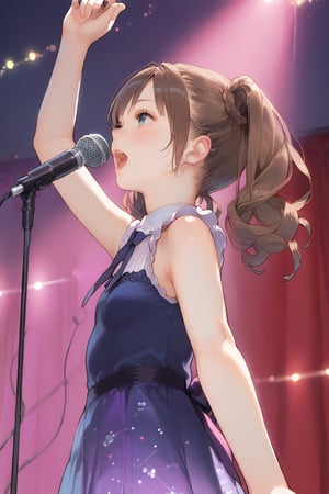 Score_9, Score_8_up, Score_7_up, 1girl,  idol, slender body, brown hair, twin tails, idol dress, short skirt, holding microphone, singing into mic, on stage, bright stage lighting, good_hands, view from below, colorful lights, dynamic, upper body,view from side, dancing, dramatic lighting