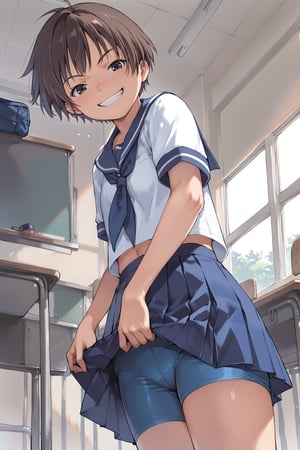 score_9, score_8_up, score_7_up, source_anime, 1girl, tomboy,  brown hair, sailor uniform, blue pleated skirt, spats, bike shorts under skirt, standing, lifting skirt up high, looking at viewer, cheeky grin, low angle, classroom, indoors,