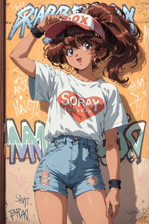 score_9_up, score_8_up, score_7_up, score_6_up, Retro Anime style,  (pop art style), 1girl,  brown hair, dark skin, ponytail hairstyle, hip hop fashion, ripped denim shorts, oversized t-shirt, beautiful expressive eyes, grinning, baseball cap, graffiti, stylish, cool, fun, 1990s, style of Akira toriyama, dynamic pose, happy, hoop earrings 