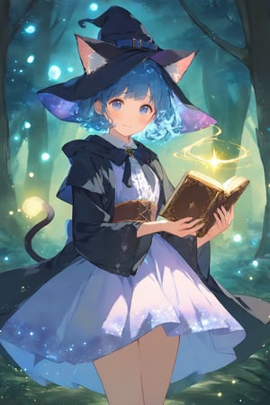 1girl, blue hair, cat ears, witch, witch dress, she is casting a spell, holding open book, magic pose, enchanted forest, glowing magic particles, forest, cute, magical, digital painting, detailed shading,Kyoto animation style, dynamic, masterpiece, best quality, cowboy shot,watercolor \(medium\)