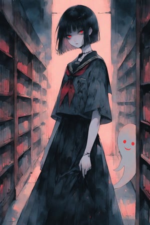   1girl, very pale skin, lanky body, long black hair, red eyes,  Hime cut, ghost girl, serafuku with long skirt, library, (night), indoors, looking at viewer, gothic vibes, style of Junji Ito, cowboy shot, emo, dark muted color scheme, moody,watercolor \(medium\)