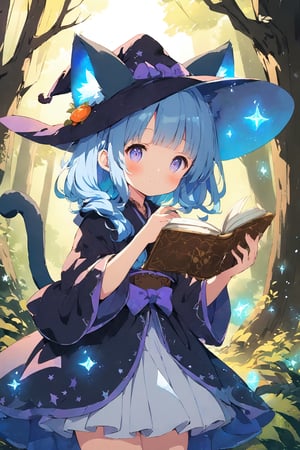 1girl, blue hair, cat ears, witch, witch dress, she is casting a spell, holding open book, magic pose, enchanted forest, glowing magic particles, forest, cute, magical, digital painting, detailed shading,Kyoto animation style, dynamic, masterpiece, best quality, cowboy shot,watercolor \(medium\)