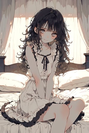 1girl, Loli, sickly, black hair, messy hair, very thin, emaciated, white dress, sitting, in bed, morning, indoors, weak smile, emo,  moody, looking at viewer, sad mood, dim lighting, fantasy setting, 