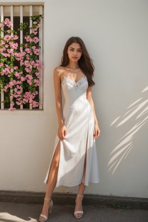 HDR photo of woman, she is skinny, wearing white gown frock, standing and posing for pics behind a flowery wall at the street , sunkissed,holding a flower bunch in hand, seductively looking at the viewer . Long exposure, full body pic, clicked from far distance, High dynamic range, vivid, rich details, clear shadows and highlights, realistic, intense, highly detailed.