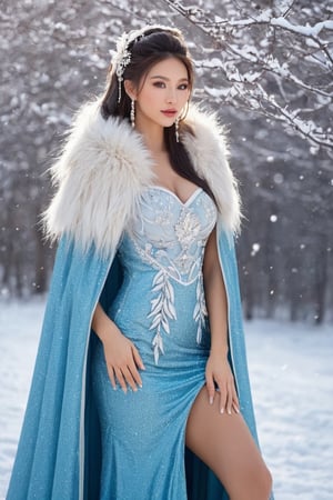Top quality, 8K, masterpiece, snow maiden, winter night images, snowflakes, mature woman, stunning goddess shot, powerful and huge, jaw-dropping beauty, goddess, in the snow, perfect body beautiful woman, Highly detailed face and skin texture, detailed eyes, (viewed from the front), looking into the camera, perfect proportions, beautiful body, delicate skin, detailed eyes, perfect proportions, beautiful body, show off your The whole body, big breasts, sexy clothes (long fur cloak, white pearl splicing embellishment), everything is sparkling, the trees in the snow field are shining under the morning light and ice light, it is snowing, the portrait is random, the hair color is random, the eyes are Random color, random age 18~30, random race, random country,more detail ,bzsplit,island,1 girl,glitter,natalee,photo r3al,rubber cheongsam,WEARING HAUTE_COUTURE DESIGNER DRESS