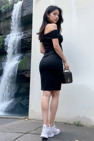 A stunning young woman stands confidently, her long black hair cascading down her back like a waterfall. She wears a elegant dress that hugs her curves, paired with white Louis Vuitton sneakers and a matching Louis Vuitton bag slung over her shoulder. Her full-body pose showcases her perfect lips, painted a subtle shade of pink, as she stands against a sleek and modern photo background, exuding sophistication and poise.