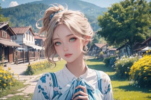 Generate a cinematic GoPro perspective (close up)capturing the enigmatic Russian supermodel as she visits an old Romanian village from the 1920s, nestled in the picturesque Maramureș area ,(vivid flowers and flowering trees next to wooden fences specific to the area), her striking blonde locks, piercing blue eyes, and a chic ponytail, she explores the village adorned in a traditional Romanian blouse, immersing herself in the cultural richness of the region. Against the backdrop of lush green grass, vibrant flowers, and charming old houses, she exudes an air of timeless elegance and grace. The GoPro photograph freezes her in a moment of enchantment, capturing the mesmerizing allure of the supermodel amidst the rustic beauty of the village's landscape. This close-up shot emphasizes her captivating smile and the interplay of natural lights, highlighting her beauty and the historical charm of the setting,SAM YANG