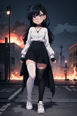 High resolution,extremely detailed,scene ruined city, sunset, fire in distance, masterpiece, best quality, high quality, high resolution, 64k, high quality, full body, serious look, illustration,1girl, emo, black choker, black long hair,, loose hair, earrings, (black theme), (goth chic style), (loose and sloppy black clothing), (black dress, long dress), (shirt collar), ((long sleeves)), (thighs), (necklace), (black sneakers, school shoes), (white stockings rolled down), EnvyBeautyMix23.